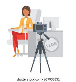 Video blogger streaming. Woman Vlogger talking about beauty on camera. Vlog vector illustration