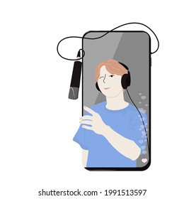 Video blogger teen vector stock illustration. Stream on a phone with a microphone. Live broadcast. Social media content. Likes. Isolated on a white background.
