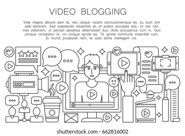Video blogger thin line concept. Computer screen with male man blogger. Personal blogging channel broadcasting outline stroke vector illustration.