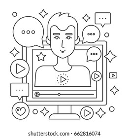 Video blogger thin line web concept. Computer screen with male man blogger. Personal blogging channel broadcasting. Outline stroke vector illustration.