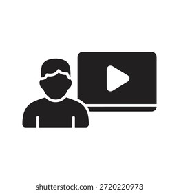 Video Blogger Tutorial Icon Symbol Solid Glyph Vector para creador de contenido en línea y man recording media Vlog Screen Course