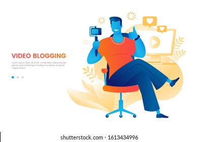 Video blogger vector illustration. Man shoots himself on a video camera. Vlogger at work. Guy leads a vlog sitting at the desk. Element for your design. Flat style.