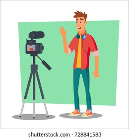 Video Blogger Vector. Lifestyle Video Clip Shooting Process. Shooting Video Process. Isolated Flat Cartoon Character Illustration
