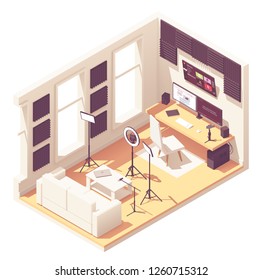 Video blogger or vlogger home studio workspace. Vector isometric room cross-section with acoustic panels, desk, desktop pc, DSLR camera, studio lighting kit, microphone and smartphone with steadicam