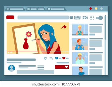 Video blogger web page design with painting master class presentation favorite blogs chat flat icons vector illustration 