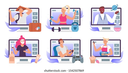 Video bloggers. Beauty blogger or vlogger, travel blog and lets play gamer stream translation. Fitness, cooking and science education video tutorial. Lifestyle vlogging isolated flat vector icons set