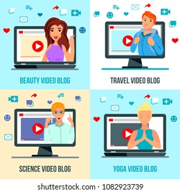 Video bloggers characters 4 flat icons square concept with travel beauty fashion science yoga topics vector illustration  