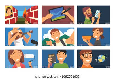 Video Bloggers Collection, Different Men and Women Demonstrating Their Skills, Travel, Music, Gamer Vlog Vector Illustration