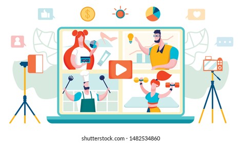 Video Bloggers Concept. Fashion, Business, Cooking and Sports. Youtube Icons. Video Marketing. Blog Management. Education and Advertising Vlog in Laptop. Getting Money with Youtube. Vector EPS 10.