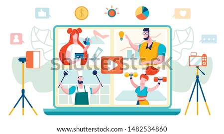 Video Bloggers Concept. Fashion, Business, Cooking and Sports. Youtube Icons. Video Marketing. Blog Management. Education and Advertising Vlog in Laptop. Getting Money with Youtube. Vector EPS 10.