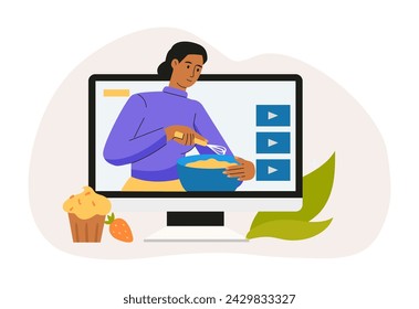 Video bloggers. Cooking education video tutorial education illustration, blog cooking, recipe from chef, cook culinary and meal vector