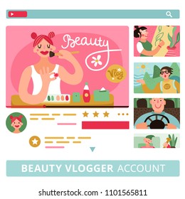 Video bloggers horizontal banners set with beauty and travel account symbols flat isolated vector illustration