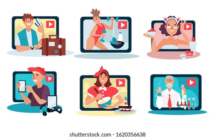 Video bloggers isolated icons, traveler and fitness trainer isolated icons vector. Beauty blog and devices review, cooking classes and Chemistry scientist. Educational and entertainment web content