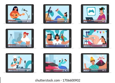 Video bloggers online streaming. Social media content creators, vloggers review, education, fitness, cooking video guides vector illustration set. Content video review, streaming and blogging