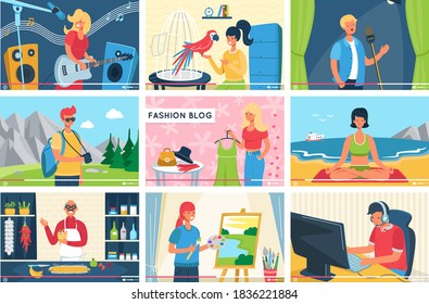 Video bloggers set of vector illustrations banners. Vblog online make review. Share content in internet. Popular people social communication and streaming online. Education and fashion blog.