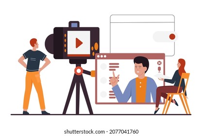 Video bloggers teamwork for recording video for channel in social media vector illustration. Cartoon marketing team of tiny man woman characters make vlog content, people using camera on tripod