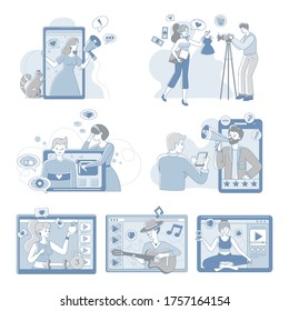Video bloggers and vloggers people making content for internet vector cartoon outline illustration. People creating videos for blogs about fashion, healthy lifestyle, sport, meditation, music.