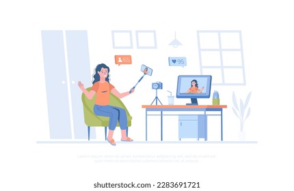 Video blogging, broadcasting, live streaming. Young woman shoots video on phone using selfie stick. Cartoon modern flat vector illustration for banner, website design, landing page.	
