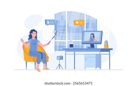 Video blogging, broadcasting, live streaming. Young woman shoots video on phone using selfie stick. Vector illustration with characters in flat design for web banner.	
