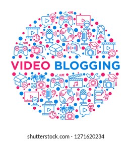 Video blogging concept in circle with thin line icons: vlog, ASMR, mukbang, unboxing, DIY, stream game, review, collaboration, podcast, tipa and tricks. Vector illustration, print media template.