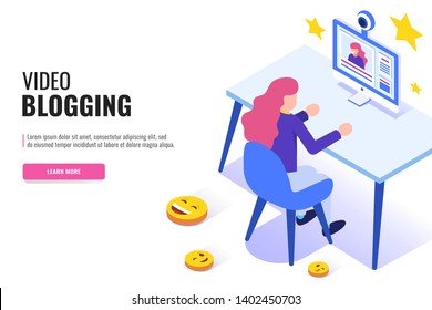 Video blogging concept. Female blogger recording video at home. Web banner, infographics. Isometric vector illustration.