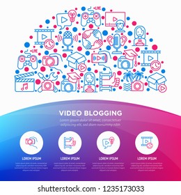 Video blogging concept in half circle with thin line icons: vlog, ASMR, mukbang, unboxing, DIY, stream game, review, collaboration, podcast, tips and tricks. Vector illustration, web page template.