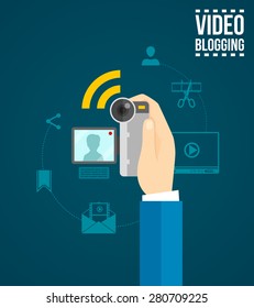 Video blogging concept with human hand holding camera flat vector illustration