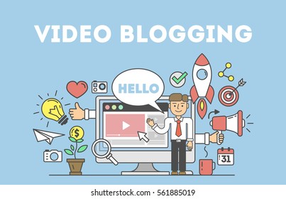 Video blogging concept. Idea of creating videos and vlogs about anything. Illustartion with icons as rocket, laptop screen.