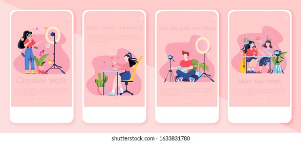 Video blogging concept mobile application banner set. Idea of creativity and making content, modern profession. Social media and network. Online communication. Isolated vector illustration