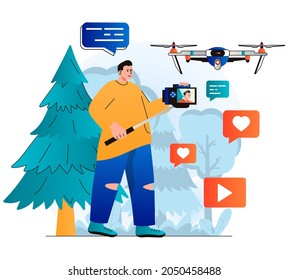 Video blogging concept in modern flat design. Blogger records video clip on professional camera and conducts aerial filming using drone. Digital content creation, online promotion. Vector illustration