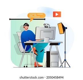 Video blogging concept in modern flat design. Blogger records video clip in home studio or live broadcasting for followers on computer. Digital content creation, channel promotion. Vector illustration