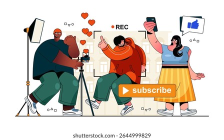 Conceito de videoblogagem para web design moderno. As pessoas trabalham em equipe e gravam conteúdo, blogueiro fazendo streaming ao vivo para seguidores do telefone. Ilustração de vetor plano isolada em fundo branco.