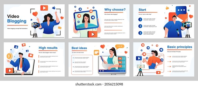 Video blogging concept for presentation slide template. People creating videos on different topics. Bloggers are recording content or streaming live at channels. Vector illustration for layout design