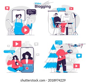 Video blogging concept set. Blogger create video content, stream online at channel. People isolated scenes in flat design. Vector illustration for blogging, website, mobile app, promotional materials.
