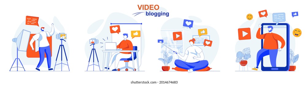 Video blogging concept set. Bloggers recording videos, create digital content. People isolated scenes in flat design. Vector illustration for blogging, website, mobile app, promotional materials.