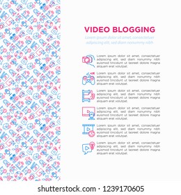 Video blogging concept with thin line icons: vlog, ASMR, mukbang, unboxing, DIY, stream game, review, collaboration, podcast, tips and tricks. Vector illustration, print media template.