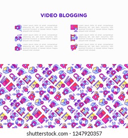 Video blogging concept with thin line icons: vlog, ASMR, mukbang, unboxing, DIY, stream game, review, collaboration, podcast, tips and tricks. Vector illustration, print media template.