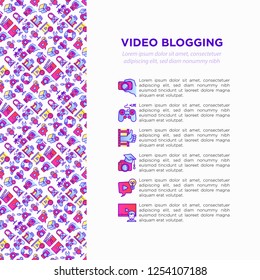 Video blogging concept with thin line icons: vlog, ASMR, mukbang, unboxing, DIY, stream game, review, collaboration, podcast, tips and tricks. Vector illustration, print media template.