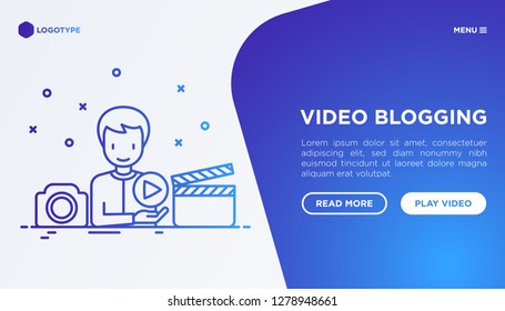 Video blogging concept with thin line icons: blogger making video with camera and play button. Modern vector illustration, web page template on gradient background.