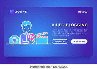 Video blogging concept with thin line icons: blogger making video with camera and play button. Modern vector illustration, web page template on gradient background.