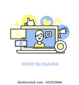 Video blogging concept vector illustration, line flat style