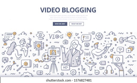 Video blogging concept. Woman vlogger shoots and streaming a new video story or tutorial. Doodle illustration for web banners, hero images, printed media