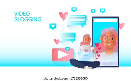 Video blogging concept with young female character, smartphone screen, message bubbles, social media icons. Vector illustration with influencer and blogger in the middle of a live stream.