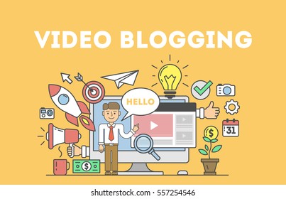 Video blogging concept.Idea of creating videos and vlogs about anything. Illustartion with icons as lightbulb, rocket, laptop screen.