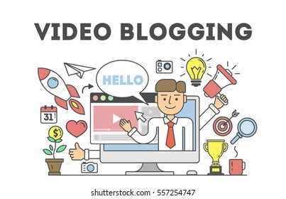 Video blogging concept.Idea of creating videos and vlogs about anything. Illustartion with icons as lightbulv, rocket, laptop screen. White background.