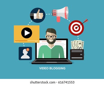 Video blogging concept.Idea of creating videos and vlogs. Illustartion with icons.  Creative modern flat vector illustration