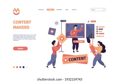 Video blogging. Content makers online web developers writers garish vector template of landing page
