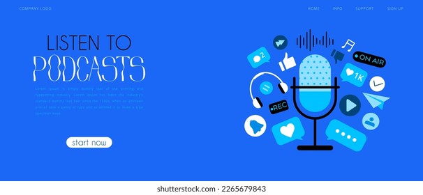 Video blogging. Creating video content for a blog or vlog on social networks. Social media video stream. Flat vector concept of podcasting on blue background, internet digital recording.microphone