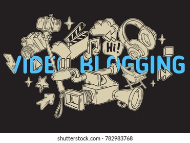 Video Blogging Design With Isolated Essential Related Objects Elements  And Tools Artistic Cartoon Hand Drawn Sketchy Line Art Style Drawings Illustrations Icons And Symbols Vector Graphic