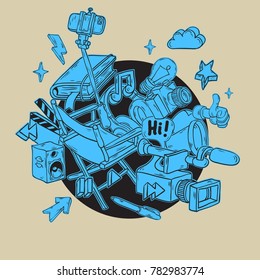 Video Blogging Design With Isolated Essential Related Objects Elements  And Tools Artistic Cartoon Hand Drawn Sketchy Line Art Style Drawings Illustrations Icons And Symbols Vector Graphic